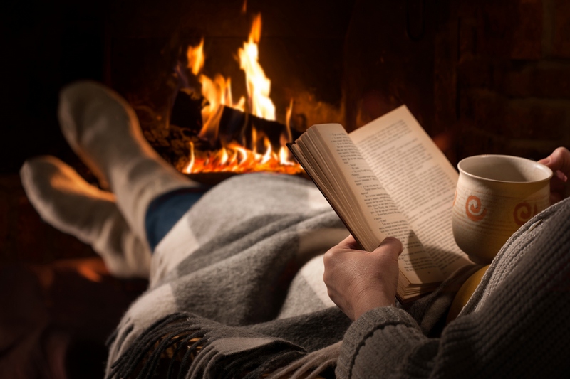 Woman reads book near fireplace Aj slávne mozgy oddychovali