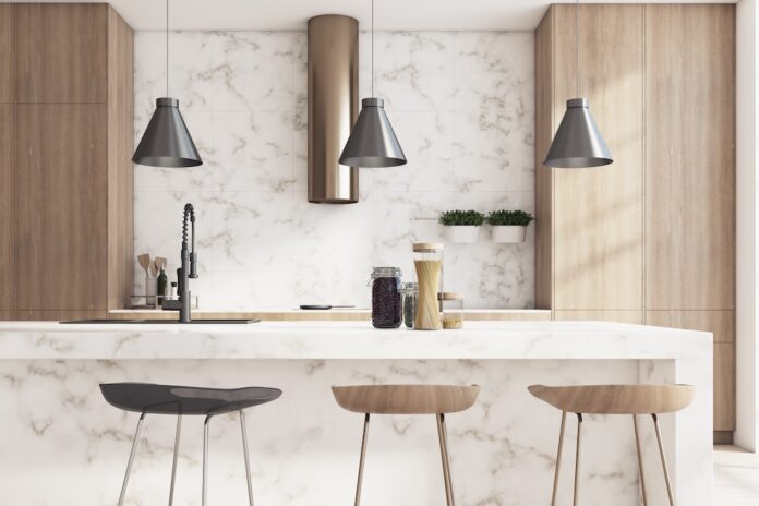 Modern kitchen interior with island and marble. 3D Rendering.