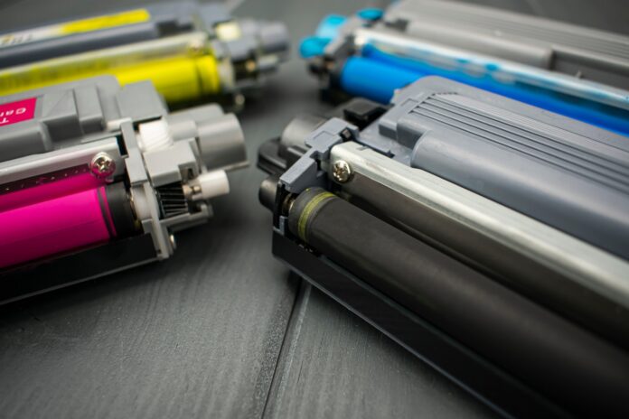 Toner rollers of a laser printer in the foreground